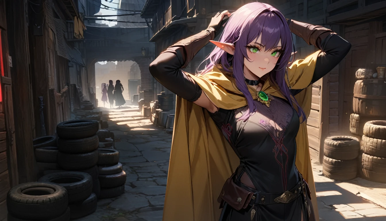 Noble Elf, гMasterpiece, good quality, (1_woman), (Full body), (exotic skin_Complexion), tires, Stand, Nice, exotic, with long elf ears, ((looking away from camera)), big smile, ((Hands above the head)), Carry (((yellow))) hooded cloak), Hood down, (((yellow cape))), brooch, black choker, (Socks) with purple embroidery, long fingerless leather gloves, ((small-sized breast)), Black sleeveless dress, (bright purple hair), long hair, ((nice hair)), realistic and detailed face with diamond-shaped eyes, (((green eyes)), dark_eyeliner, long_eyelashes), Natural dynamic light casts detailed shadows, knee high dark brown boots, Stand outside rustic tavern, woods, mountains in the distance, Sunny day,, serious look, questionable, caring, Investigation procedure, dark alley, natta, natta sky, red light, (Silhouette, hard light:1.2), Nordic style, high quality, beautiful picture, masterclass!