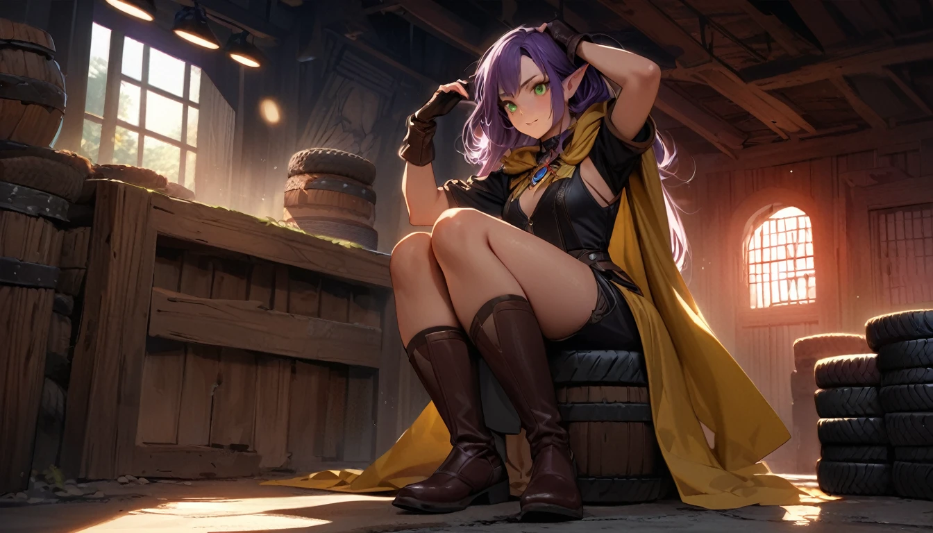 Noble Elf, гMasterpiece, good quality, (1_woman), (Full body), (exotic skin_Complexion), tires, Stand, Nice, exotic, with long elf ears, ((looking away from camera)), big smile, ((Hands above the head)), Carry (((yellow))) hooded cloak), Hood down, (((yellow cape))), brooch, black choker, (Socks) with purple embroidery, long fingerless leather gloves, ((small-sized breast)), Black sleeveless dress, (bright purple hair), long hair, ((nice hair)), realistic and detailed face with diamond-shaped eyes, (((green eyes)), dark_eyeliner, long_eyelashes), Natural dynamic light casts detailed shadows, knee high dark brown boots, Stand outside rustic tavern, woods, mountains in the distance, Sunny day,, serious look, questionable, caring, Investigation procedure, dark alley, natta, natta sky, red light, (Silhouette, hard light:1.2), Nordic style, high quality, beautiful picture, masterclass!