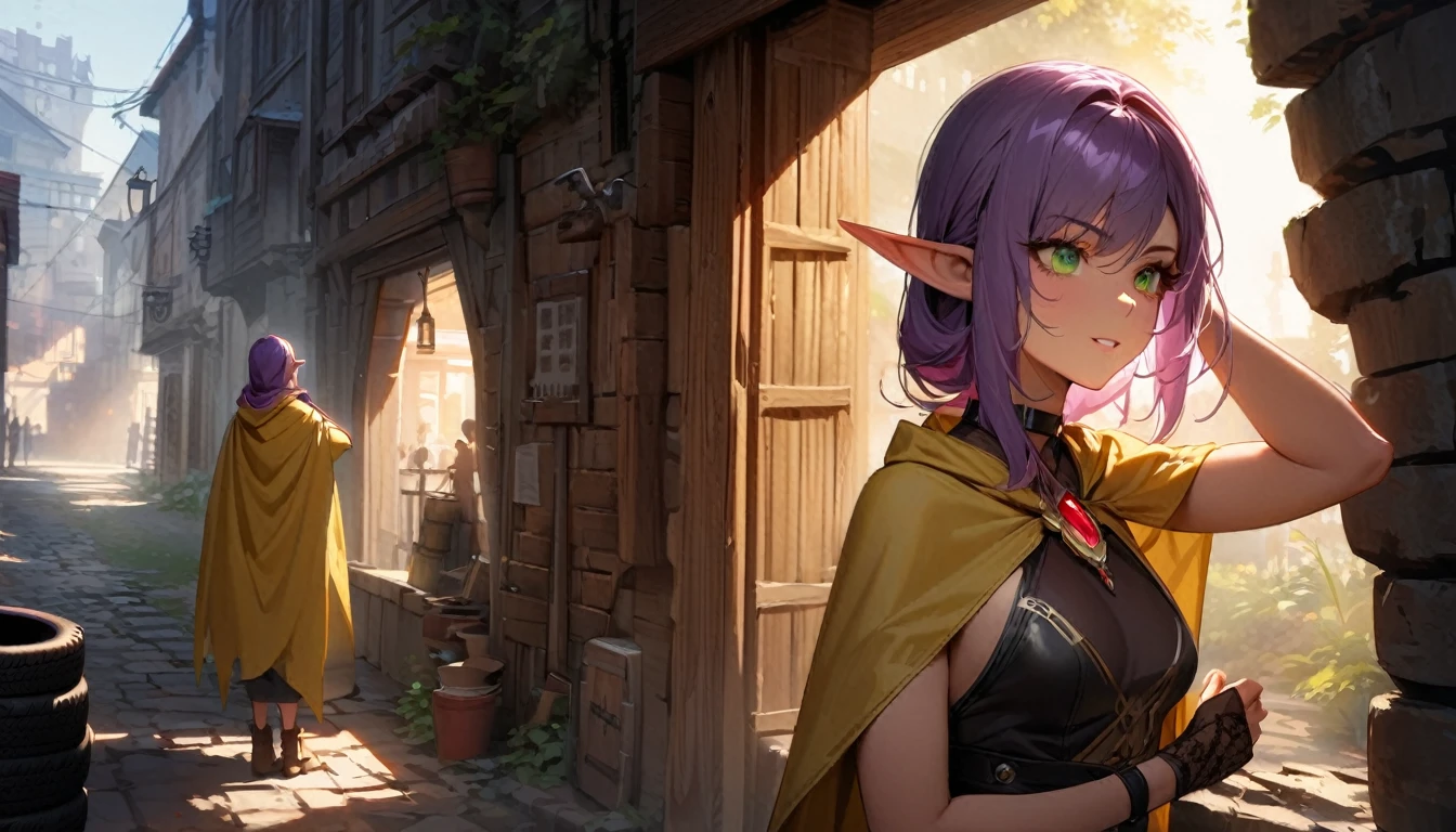 Noble Elf, гMasterpiece, good quality, (1_woman), (Full body), (exotic skin_Complexion), tires, Stand, Nice, exotic, with long elf ears, ((looking away from camera)), big smile, ((Hands above the head)), Carry (((yellow))) hooded cloak), Hood down, (((yellow cape))), brooch, black choker, (Socks) with purple embroidery, long fingerless leather gloves, ((small-sized breast)), Black sleeveless dress, (bright purple hair), long hair, ((nice hair)), realistic and detailed face with diamond-shaped eyes, (((green eyes)), dark_eyeliner, long_eyelashes), Natural dynamic light casts detailed shadows, knee high dark brown boots, Stand outside rustic tavern, woods, mountains in the distance, Sunny day,, serious look, questionable,  caring, Investigation procedure, dark alley, natta, natta sky, red light, (Silhouette, hard light:1.2), Nordic style, high quality, beautiful picture, masterclass!