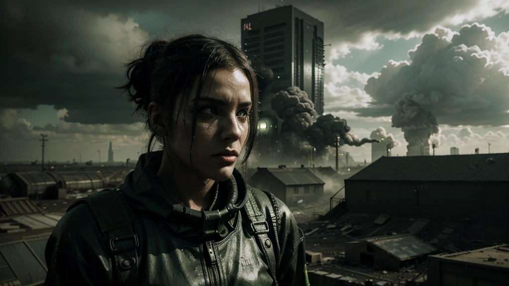 a woman, undead zombie, wearing worn torn military uniform, wandering in post-apocalyptic town destroyed by nuclear weapon, mutant creatures, radiation affected, rubble, (best quality,4k,8k,highres,masterpiece:1.2),ultra-detailed,(realistic,photorealistic,photo-realistic:1.37),horror,dystopia,dark fantasy,cinematic lighting,dramatic atmosphere,muted colors