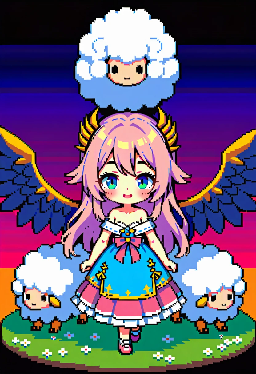 masterpiece, Highest quality, 8k, Pixel art, Vivid, woman, 若いwoman, smile, cute, Directed at an angle, Open your mouth, Fluffy hair, Long Hair, sheepの毛のような髪, Pink Hair, eyebrow, 太いeyebrow, one piece, Pink clothes, Long skirt, Spread your wings, cardigan, 水色のcardigan, shoes, 茶色いshoes, ((sheep, もこもこのsheep, womanより大きいsheep, sheepの背にwomanが乗っている)), grassland, sheepの群れ
