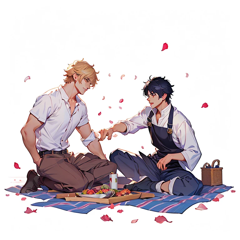 a cute 2 anime boys having a picnic on a blanket, delicious food, petals flying around, beautiful detailed eyes,beautiful detailed lips,extremely detailed eyes and face,longeyelashes,emotional expressions,intimate romantic couple, official illustration, official art, picnic, zerochan art, masterpiece, photorealistic, 8k, highly detailed, vibrant colors, soft lighting, dynamic composition, sakimichan style, makoto shinkai style, cain kuga style, ben maier style, rob rey style, kentaro miura style, edmund blair and charlie bowater