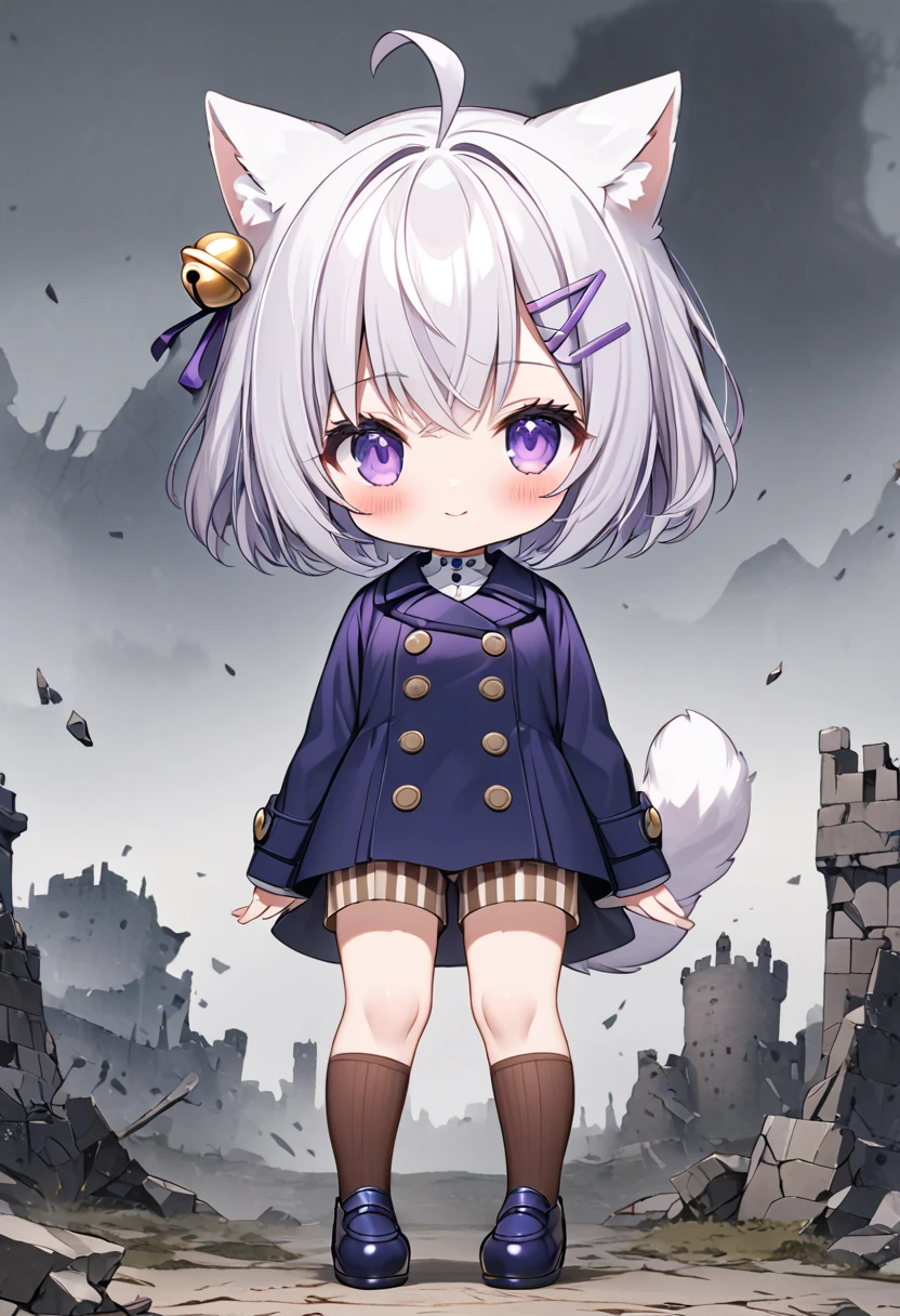 master piece, best quality, ultra-detailed, illustration, 1girl, solo, chibi, (big head), cute pose, front view, looking at viewer, ((full body Close up)), Filiansailor, (purple hairclip:1.5), (hair bell:1.5), white hair, short hair, cat ears, ahoge, purple eyes, blush, smiling, fluffy tail, ((dark blue 8buttons peacoat)), long sleeves, brown striped shorts, brown knee socks, (dark blue shoes) , battlefield background, gloomy atmosphere, broken castle, broken walls, broken windows