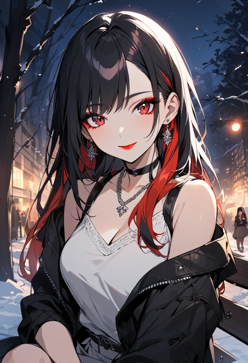 1girl, alone, long hair, breasts, looking at viewer, smile, bangs, shirt, black hair, red eyes, cleavage, bare shoulders, jewelry, medium breasts, closed mouth, jacket, white shirt, upper body, hair redhead, multicolored hair, earrings, outdoors, sleeveless, solo focus, choker, necklace, off the shoulder, gray dress, two-tone hair, black jacket, makeup, night, black choker, red lips, outdoors sitting on bench winter, outdoors, several trees,Alone
