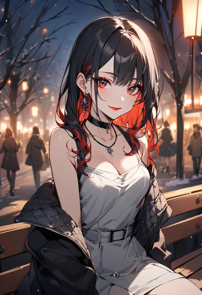 1girl, alone, long hair, breasts, looking at viewer, smile, bangs, shirt, black hair, red eyes, cleavage, bare shoulders, jewelry, medium breasts, closed mouth, jacket, white shirt, upper body, hair redhead, multicolored hair, earrings, outdoors, sleeveless, solo focus, choker, necklace, off the shoulder, white dress, two-tone hair, black jacket, makeup, night, black choker, red lips, outdoors sitting on bench,