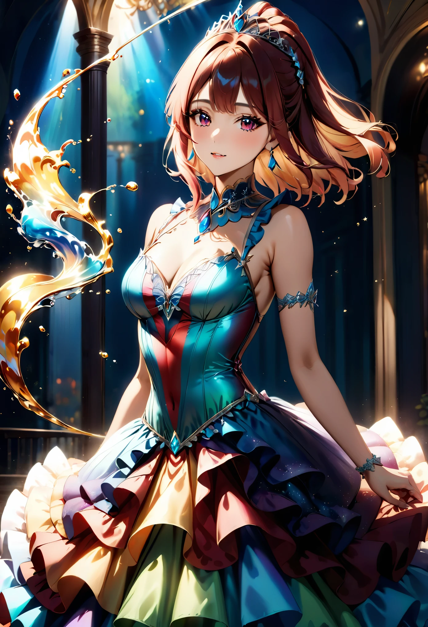 a ((liquid metal portrait: 1.5)) of woman ballroom dancer, a full body picture ((anatomically correct: 1.5)) (ultra detailed face: 1.3), dynamic hair color, dynamic hair style, dynamic skin complexion, best detailed face, of a exquisite beautiful female ballroom dancer, she is wearing a (colorful ballroom dress: 1.3), best detailed dress, colorful dress, multicores dress, royal fantasy ballroom background, LIQUID METAL, artxldnc, ba11g0wnת princess dress