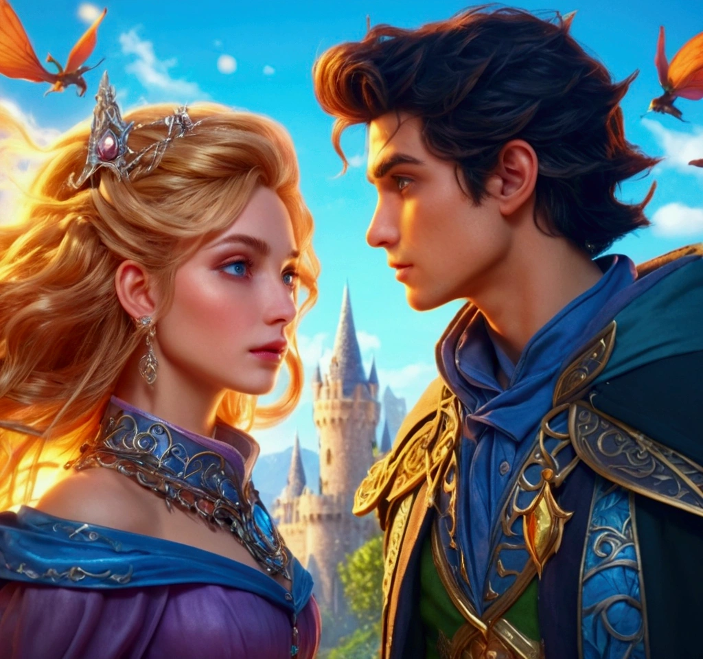 a couple of lovers, a beautiful elf and a handsome prince fighting against a scary evil wizard, fairy tale land, dark fantasy, magic, dramatic lighting, cinematic, high fantasy, intricate details, epic, visually stunning, (best quality,4k,8k,highres,masterpiece:1.2),ultra-detailed,(realistic,photorealistic,photo-realistic:1.37),HDR,UHD,studio lighting,ultra-fine painting,sharp focus,physically-based rendering,extreme detail description,professional,vivid colors,bokeh,cinematic composition,dramatic poses,chiaroscuro lighting,volumetric lighting,glowing magical effects,mystical atmosphere,epic scale,intricate textures,lush foliage,castle ruins,swirling magical energy,detailed facial features,flowing hair,ornate costumes,intricate jewelry,dramatic shadows,dynamic camera angle