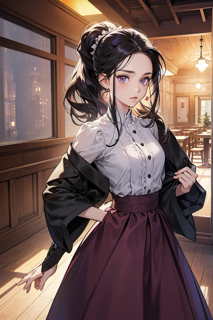 ((best quality)), ((masterpiece)), ((detailed)), ((1girl)), Hunter x Hunter screenshot of a female in sleeves shirt with wide leg pants outfit, soft puffy, big , a character portrait including heart shape face, dark purple eyes, straight dark black long hair, dark black long hair, hair up, two roofs hair, short scandals, variety of body styles, gentle fantasy art, beautiful character painting, normal place, in restaurant background, epic and exquisite character art, stunning character art, beautiful girl.