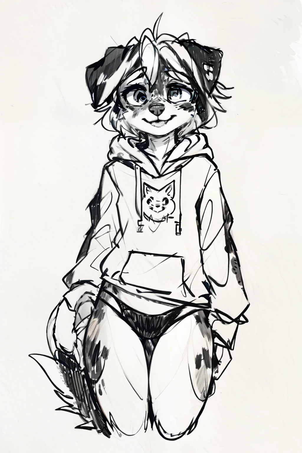 (((Monochrome, sketch, white background))), High quality, 8K, by kenket, by swaybat, by reysi, by Zackary911, by hyattlen, by teranen, by fumiko, by Pixelsketcher, by Bayard Wu, by Einshelm, by Kilinah, by Hioshiru, by fluff-kevlar, by Dimwitdog, Furry, Anthro, solo, ((australian shepard)), ((female)), ((young)), fluffy tail, slender, ((short white hair)), chest fluff, short, casual, oversized hoodie, panties, thigh gap