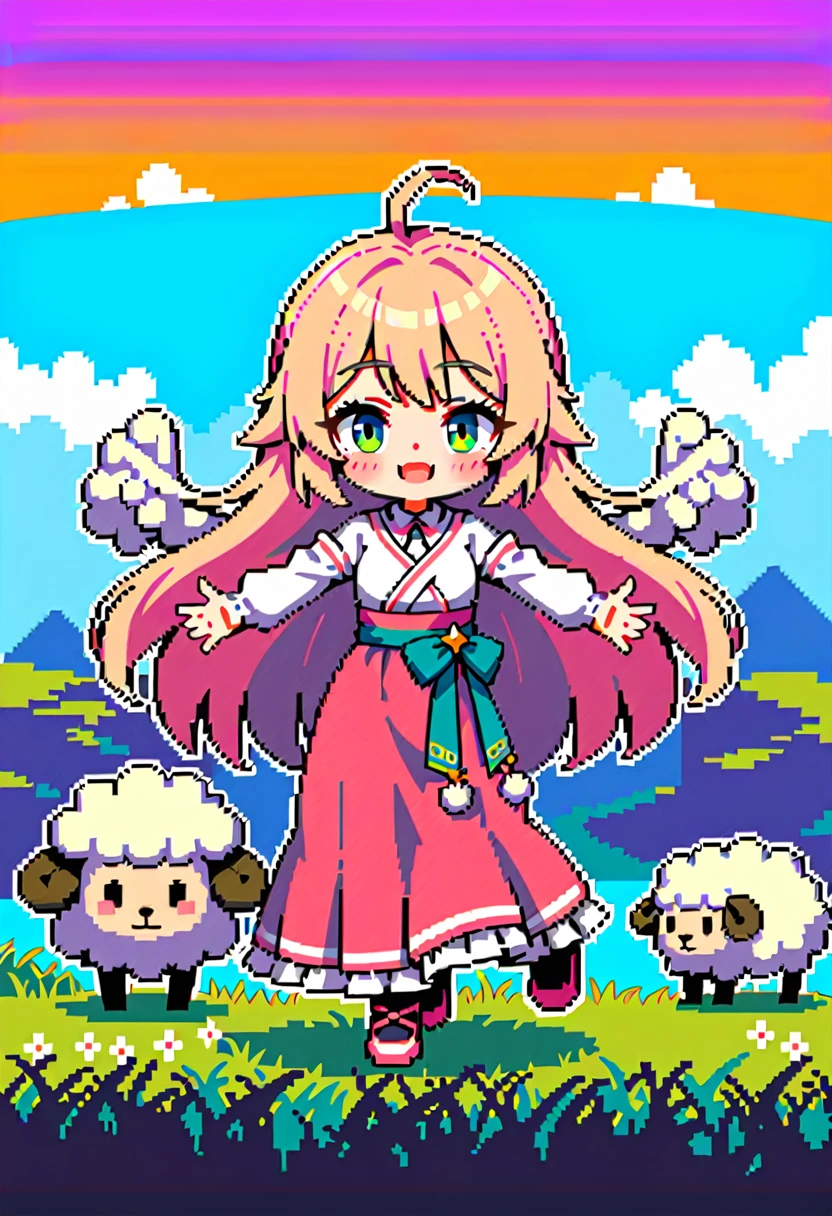 masterpiece, Highest quality, 8k, Pixel art, Pixel art, Vivid, woman, 若いwoman, smile, cute, Directed at an angle, Open your mouth, Fluffy hair, Long Hair, sheepの毛のような髪, Pink Hair, eyebrow, 太いeyebrow, one piece, Pink clothes, Long skirt, Spread your wings, cardigan, 水色のcardigan, shoes, 茶色いshoes, grassland, ((sheep, もこもこのsheep, 大きいsheep, sheepの背に女の子が乗っている)), sheepの群れ