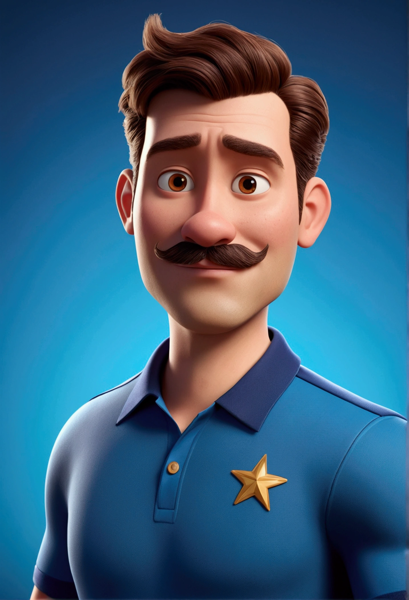 Cartoon character of a man with brown eyes , low hair style military cut gradient 25 years, with mustache and beard only on the chin, blue polo shirt without pocket, an animated character, stylized character, animation style rendering, 3d stylized, Stylized 3D rendering, toon render screenshot, 3d character, 3d character, Stylized 3D rendering, 3D character rendering, cartoon character, Personagem de close up, character posing, (Pixar-style) (master part:1.2) (bokeh) (best qualityer) (skin detailed) (detailed texture) (8k) (Argilla) (cinematic lighting) (sharp focus，Sit down and lift your upper body.