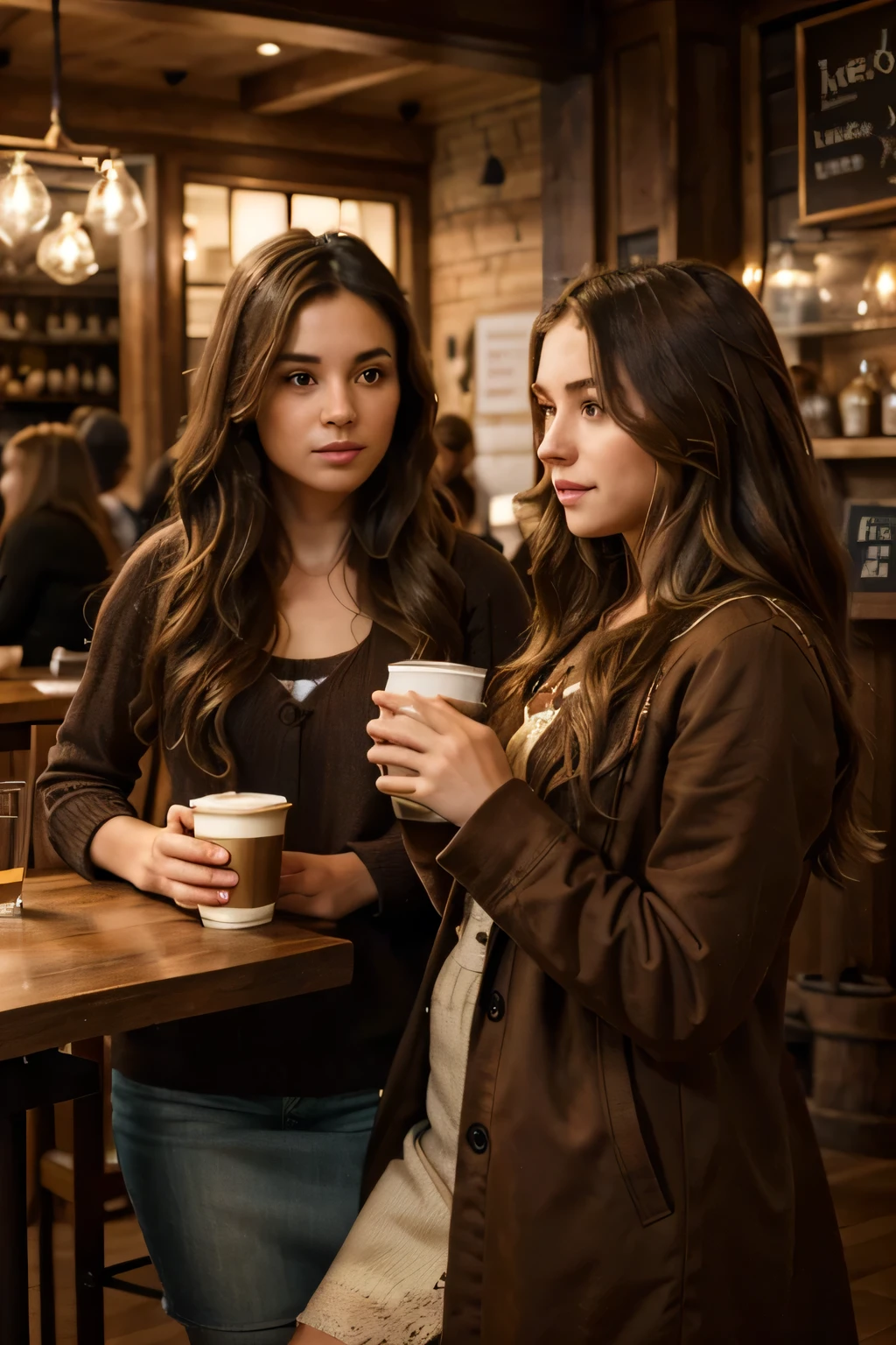 a girl with long brown wavy hair, 2 friends drinking coffee, fancy coffee shop interior, warm lighting, detailed faces, high quality, photorealistic, detailed textures, intricate details, masterpiece, 4k, ultra-detailed