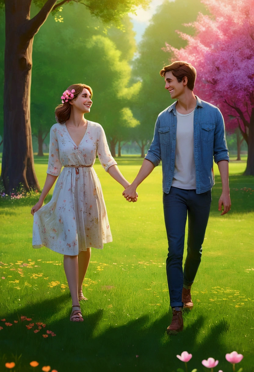 A young couple holding hands, looking into each other's eyes, smiling. Their faces are glowing with happiness. They are in a beautiful park with lush green grass and trees. There are colorful flowers in bloom. in the style of artstation trend cinematic, happy