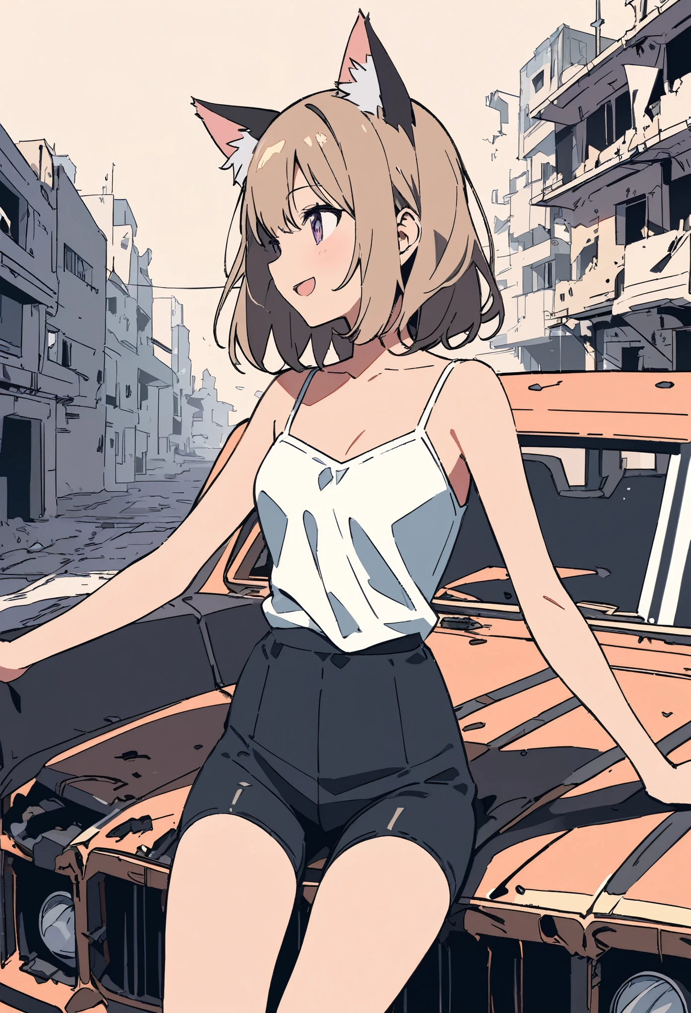 ((Masterpiece)), ((best quality)), ((kawaii)), (flat color), (flat shading), (super detail:1.2),(High Definition:1.3), (Professional Photography:1.2), (wide shot), (very aesthetic:1.2), (absurdres:1.2), (sharp focus), (perfect light), (drop shadow), (profile), (Glossy skin), (Reaching aout arms), ((1girl)), (Luxury camisole), tight boxer shorts, cleavage, (exposed neck), (Cute innocent teenage girl), slendar body, slim waist, glossy medium hair, (naughty smile), :d, open mouth wide, beautiful collarbones, (exposed stomach), cat ears, pale brown hair, BREAK, ((Rotting scrap car)), (Sitting on top of an abandoned car), Beautiful landscape, (Hair that flutters in the wind), ruins cityscape spreading out below,