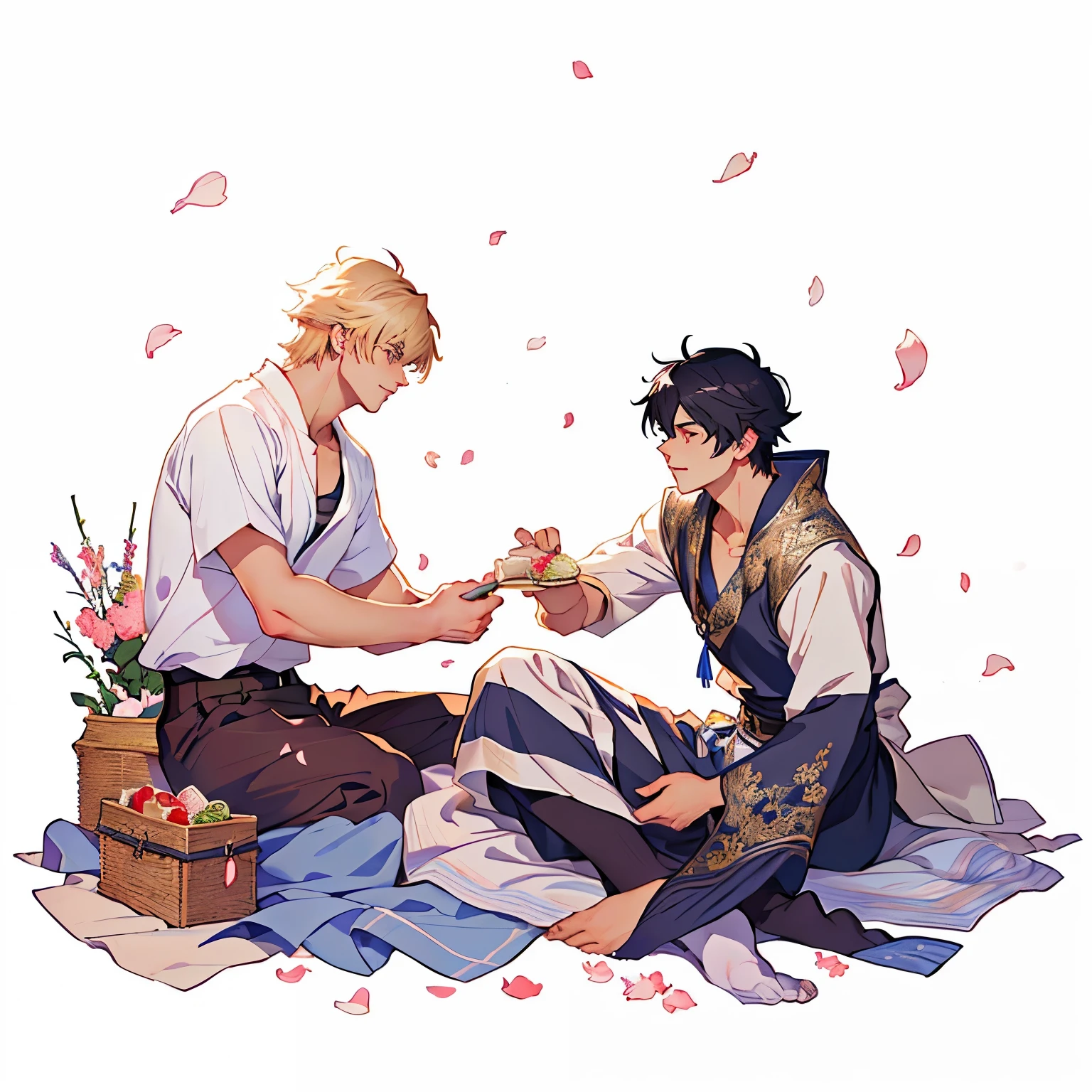 a cute 2 anime boys having a picnic on a blanket, delicious food, petals flying around, beautiful detailed eyes,beautiful detailed lips,extremely detailed eyes and face,longeyelashes,emotional expressions,intimate romantic couple, official illustration, official art, picnic, zerochan art, masterpiece, photorealistic, 8k, highly detailed, vibrant colors, soft lighting, dynamic composition, sakimichan style, makoto shinkai style, cain kuga style, ben maier style, rob rey style, kentaro miura style, edmund blair and charlie bowater