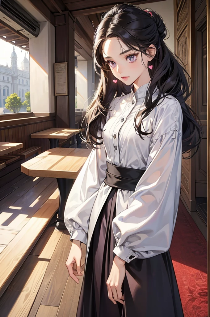 ((best quality)), ((masterpiece)), ((detailed)), ((1girl)), Hunter x Hunter screenshot of a female in sleeves shirt with wide leg pants outfit, soft puffy, big , a character portrait including heart shape face, dark purple eyes, straight dark black long hair, dark black long hair, hair up, two roofs hair, short scandals, variety of body styles, gentle fantasy art, beautiful character painting, normal place, in restaurant background, epic and exquisite character art, stunning character art, beautiful girl.