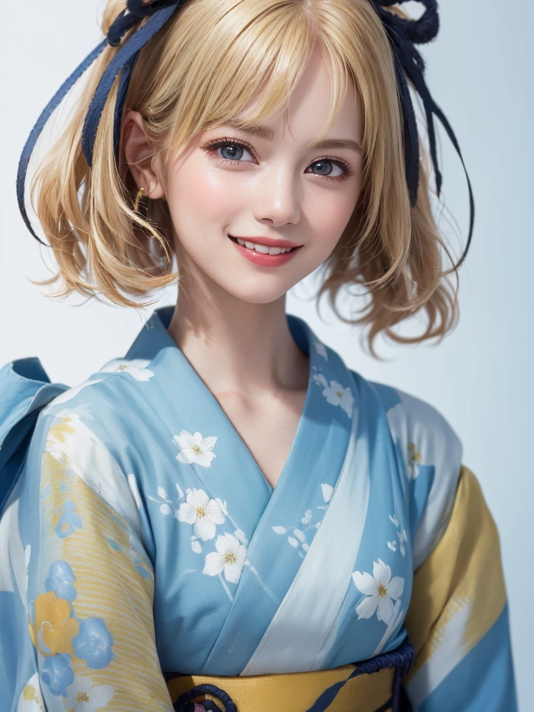 (Highest quality、8k、32K、masterpiece)、(RAW Photos)、(Realisticな)、(High resolution)、Very detailedな、Very beautiful face and eyes、One Girl、Round and small face、Delicate body、(close、Highest quality、Rich skin detail、Highest quality、8k)、Very detailed、(Realistic、Realistic:1.37)、Vibrant colors、(((Laughter)))、(((Blonde)))、(((Touch your hair with your right hand)))、(((smile)))、(((Cowboy Shot)))、(((White Background)))、((Medium Hair))、(((Pure white wall background)))、(((blonde)))、(((She is wearing a yukata with a pop design..)))、(((Brown and light blue yukata)))、(((Pure white wall background)))、