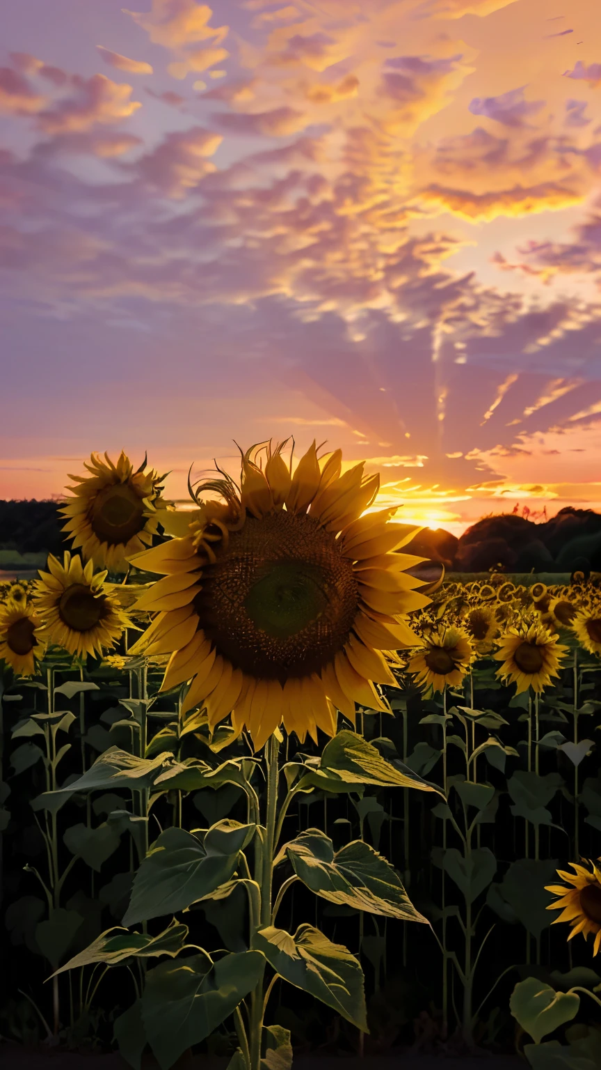 there is a field of sunflowers with a sunset in the background, sunflowers in the background, by Yasushi Sugiyama, sunflower field, late summer evening, sunflowers, an aesthetic field of flowers, during a sunset, beautiful aesthetic, summer setting, floral sunset, at golden hour, by Kaii Higashiyama, at a beautiful sunset, at dusk at golden hour