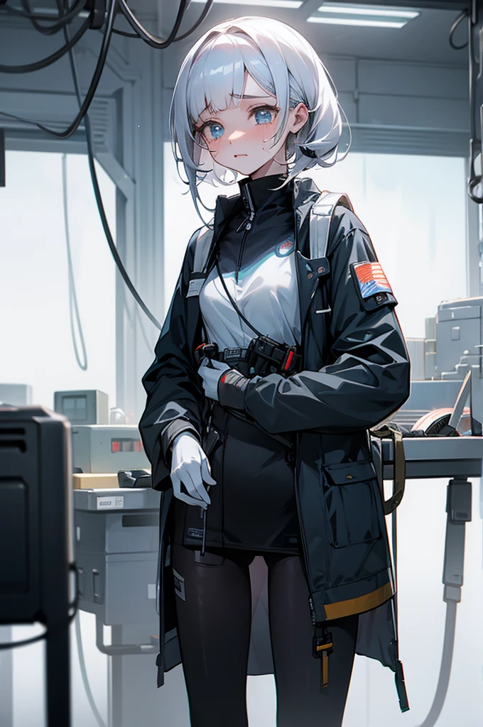 white skin, sad tears, sweat, device room,operator uniform, standing, perfect anatomy, cg,  girl, solo, teenage