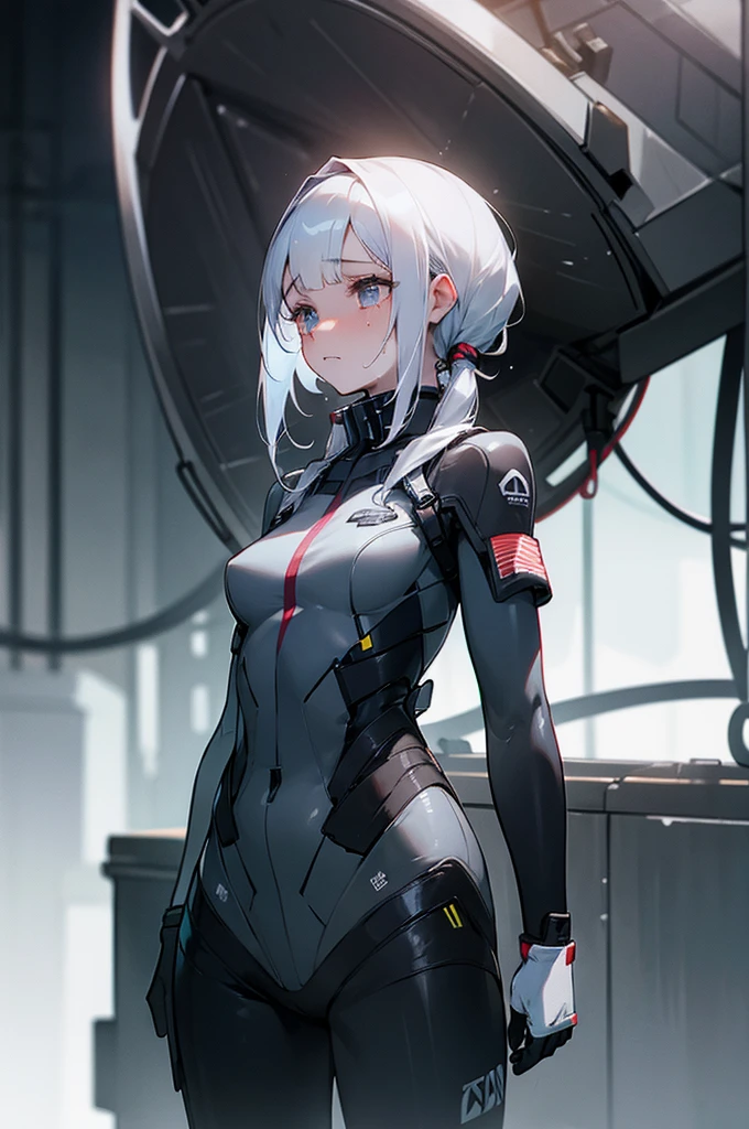 white skin, sad tears, sweat, device room,operator uniform, standing, perfect anatomy, cg, girl, solo, age