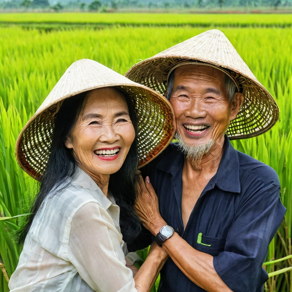 Man and woman 70 years old from Vietnam, pair, beautiful and sexy woman , very happy, in the rice field, in Vietnamese hats, looking at the camera, laughing