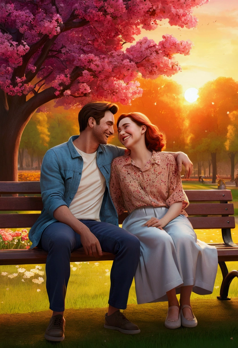 A man and a woman sitting on a bench in a park, their arms around each other, they are both looking at a sunset. They are smiling and laughing. There are colorful flowers in bloom around them. in the style of artstation trend cinematic, joyful
