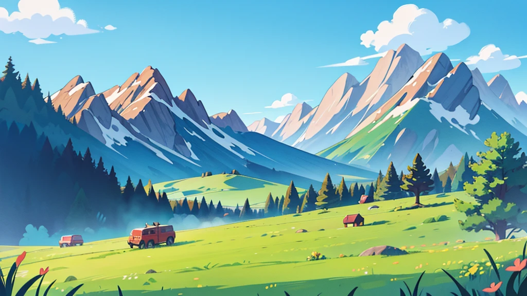 pasture fields, mountains in the background blue sky, cartoon-like