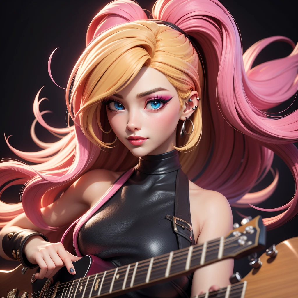 masterpiece, best quality,3d rending work,3DMM style, close-up, portrait, 3D,1girl, solo, perfect face, long hair, Electric guitar band black clothes, long blonde hair dyed with pink and with cute fluffy bangs well styled, hair dyed with pink color, detailed light blue eyes highlight light reflecting in her eyes, looking straight to the viewer, realistic, upper body, concert background, colorful lighting, lips, edgy makeup, black shade of makeup on eyelids, ear piercing, fair skin, perfect hourglass body, she has sharp jawline, holding a black electric guitar, The artwork should have the best quality, with ultra-detailed and realistic features. The color palette should be vivid, and the lighting should emphasize the character's facial structure and expression.