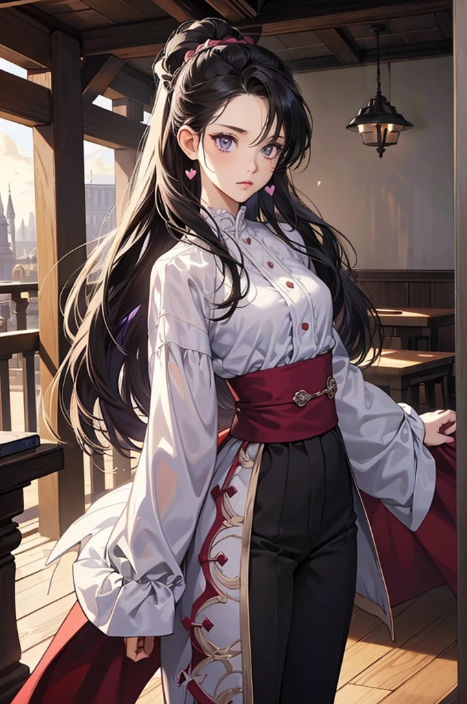 ((best quality)), ((masterpiece)), ((detailed)), ((1girl)), Hunter x Hunter screenshot of a female in sleeves shirt with wide leg pants outfit, soft puffy, big , a character portrait including heart shape face, dark purple eyes, straight dark black long hair, dark black long hair, hair up, two roofs hair, short scandals, variety of body styles, gentle fantasy art, beautiful character painting, normal place, in restaurant background, epic and exquisite character art, stunning character art, beautiful girl.