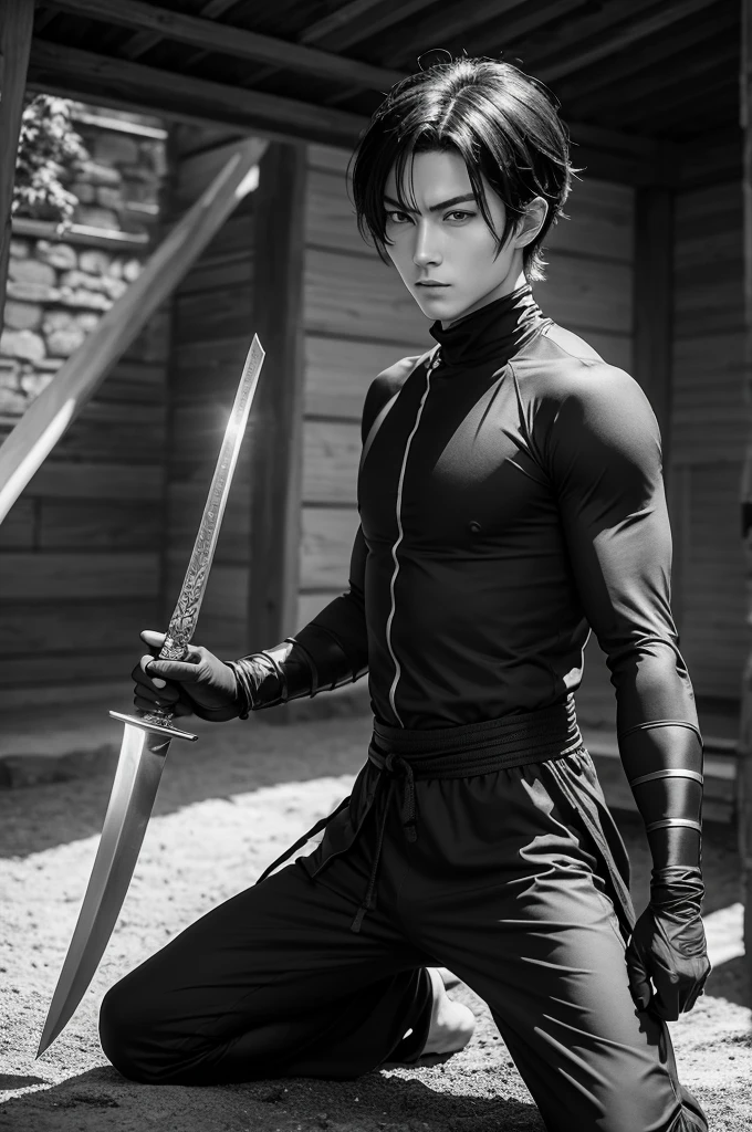 Colorless ninja manga anime character training with a sword in the garden of his castle protected by a forest, short black hair, glare eyes