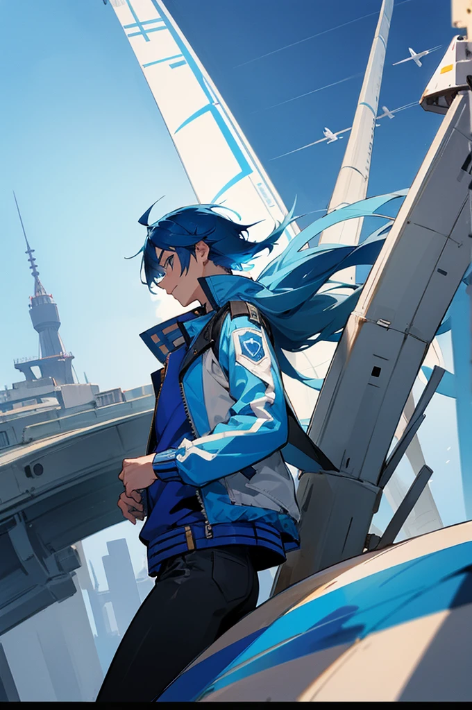 male, blue hair, Tower background, jet jacket
