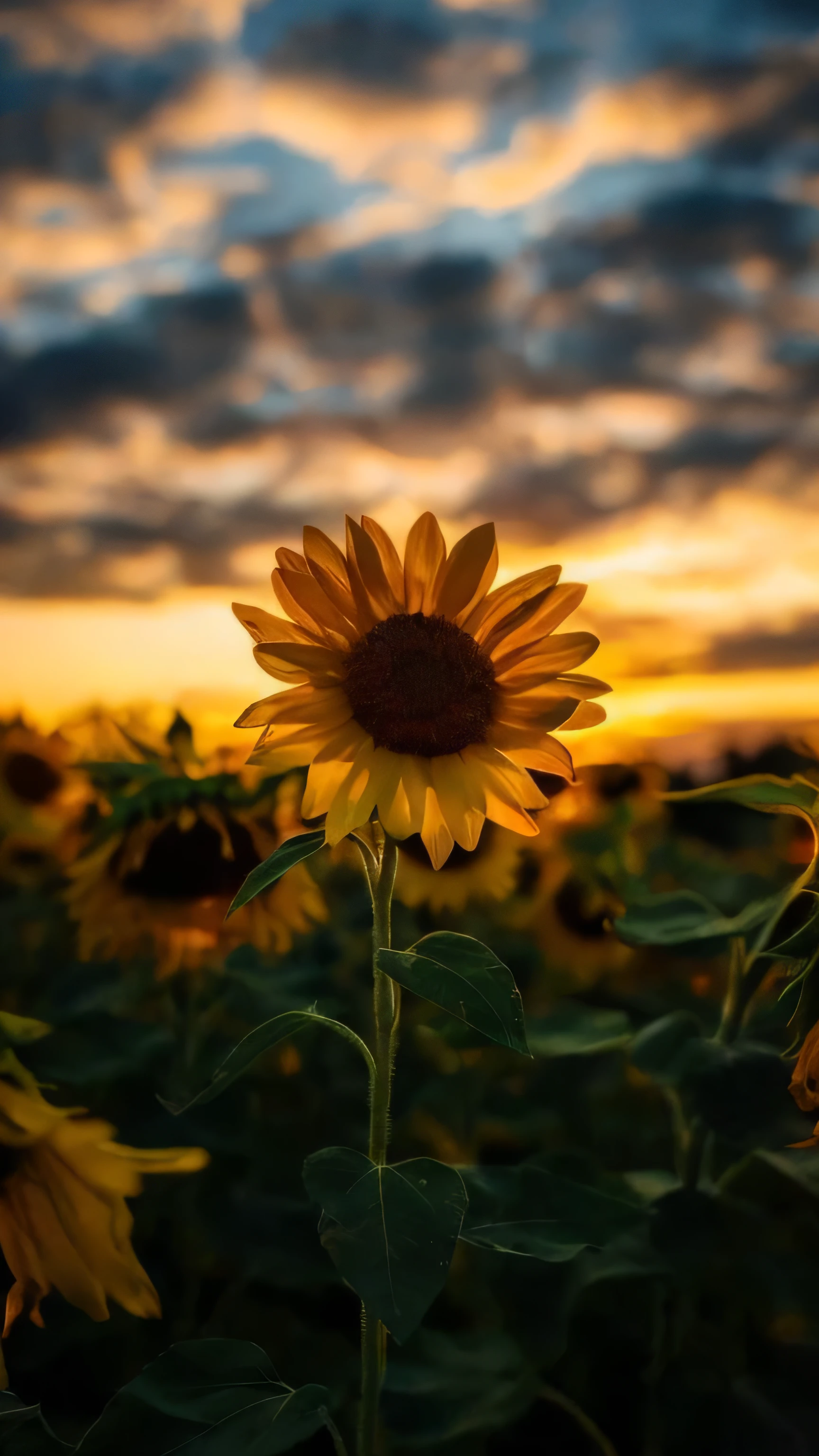a close up of a sunflower in a field with a cloudy sky, sunflower, sunflower field, at golden hour, sunflowers in the background, at the golden hour, sunflowers, floral sunset, during a sunset, sunflower background, shining golden hour, beautiful image, scene: sunflower field, scene : sunflower field, shot at golden hour, golden hour time, in the golden hour