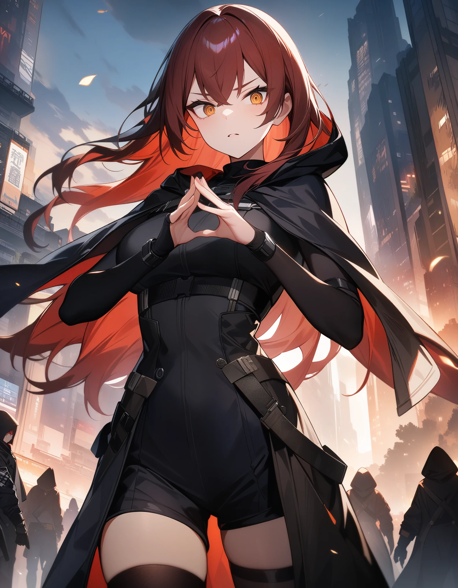(Extreme detail CG Unity 8K wallpaper),(masterpiece), (best quality), (Ultra-detail), (beste Illustration),(Best Shadow), Cowboy-shot, (Sharp Eyeliner, eyeshadows, detailled eyes:1.1), (City background:1.2), ,romper , mod3 (Girls Frontline), , masterpiece, best quality, 1girl, long black knee socks, short tight black pants, tight black top, black fingerless arm warmers, 2 black daggers in the hands, Black cape with long hood, standing in a clearing, red hair, long hair, golden eyes, in the forest