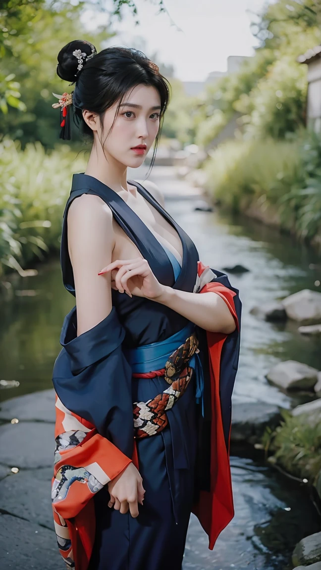 (masterpiece), best quality, Expressive eyes, Perfect face, HD, Benissato, Meinoichi, Snake tattoo, She is a tall and mature woman.，fit，Curved，Long legs，Long arms, Even though she is a ninja herself, Benissato has the appearance of a beautiful and seductive geisha, She has porcelain skin.，Her long black hair was tied into a bun with a hairpin and a traditional comb.。, Benissato is covered in serpent tattoos that come alive when she uses her powers and will usually appear naked during a battle to throw off her male victims, She is wearing a traditional Japanese geisha robe, whole body, Pants, Long sleeve, Vest, sandals, kimono, dividend, Snake Paranormal 