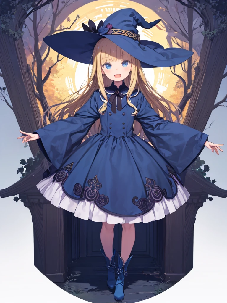 masterpiece, taller than,Very detailed, Absurd, Witch P123,One girl, alone, Blonde, Long Hair, blue eyes, Blue Boots, Blue clothes, Long sleeve,Have,in the forest, ojou-sama pose,smile,Open your mouth,