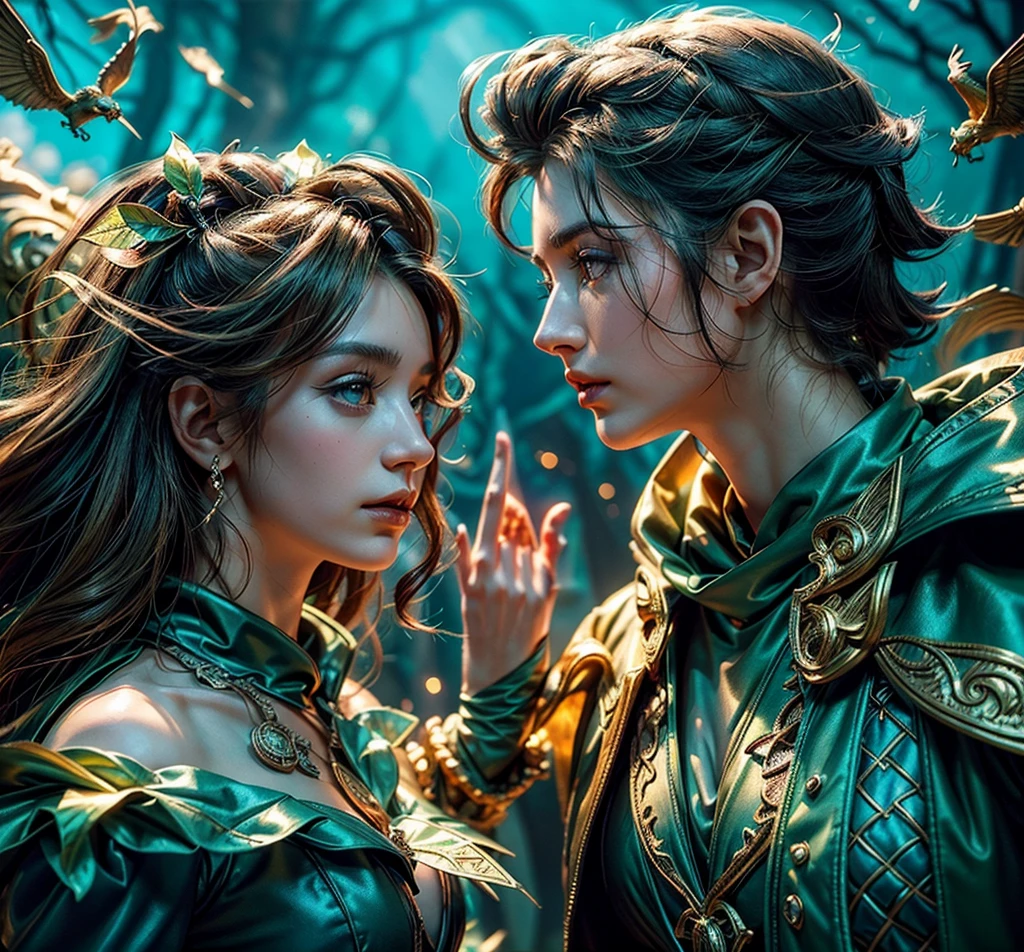 multi-person interaction、Intimate couple、Beautiful composition、Gorgeous underwater light、「1 juvenile、(Sosuke Seizen)、a closeup、Badass poses、bleach、Powerful aura、Aura of gray」、HD、unparalleled masterpiece ever、Dynamic lighting、movie、epic poem、And「1girl、(dynamicposes)、Confident and powerful mysterious smile、Beautiful blonde、(perfect facial features)」、(magical forest:1.3)、(Magic Glow:1.2)、Elegant atmosphere、(Secluded beach:0.8)、(seashells:0.9)、(flawless skin:1.2)、 Breathtaking details。(masterpiece、top-quality:1.2)、