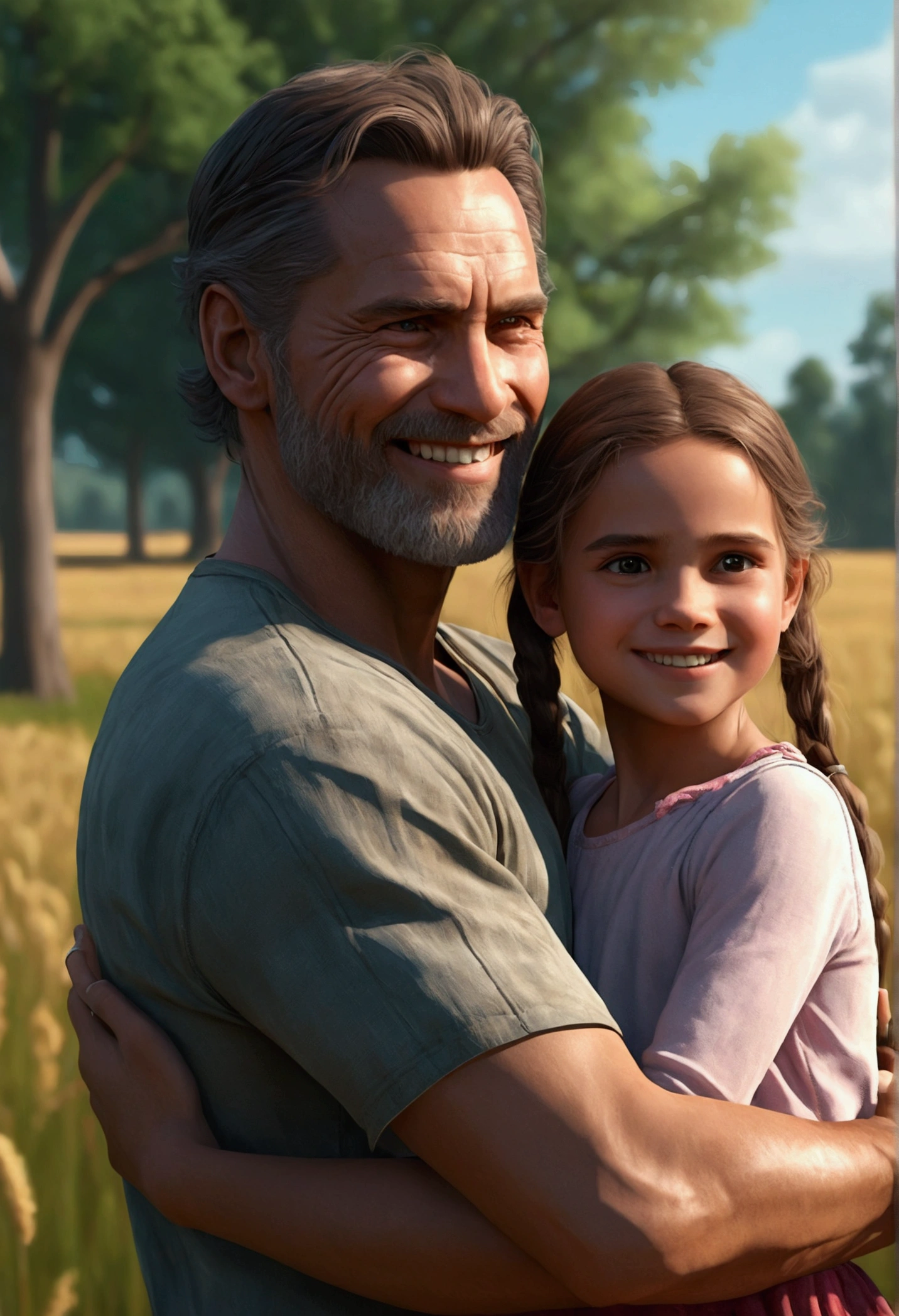 A man holding a young girl in his arms, looking at her with a protective gaze. The girl is smiling at him. The background should be a field with a single tree, suggesting a sense of isolation and protection. in the style of artstation trend cinematic, motivational
