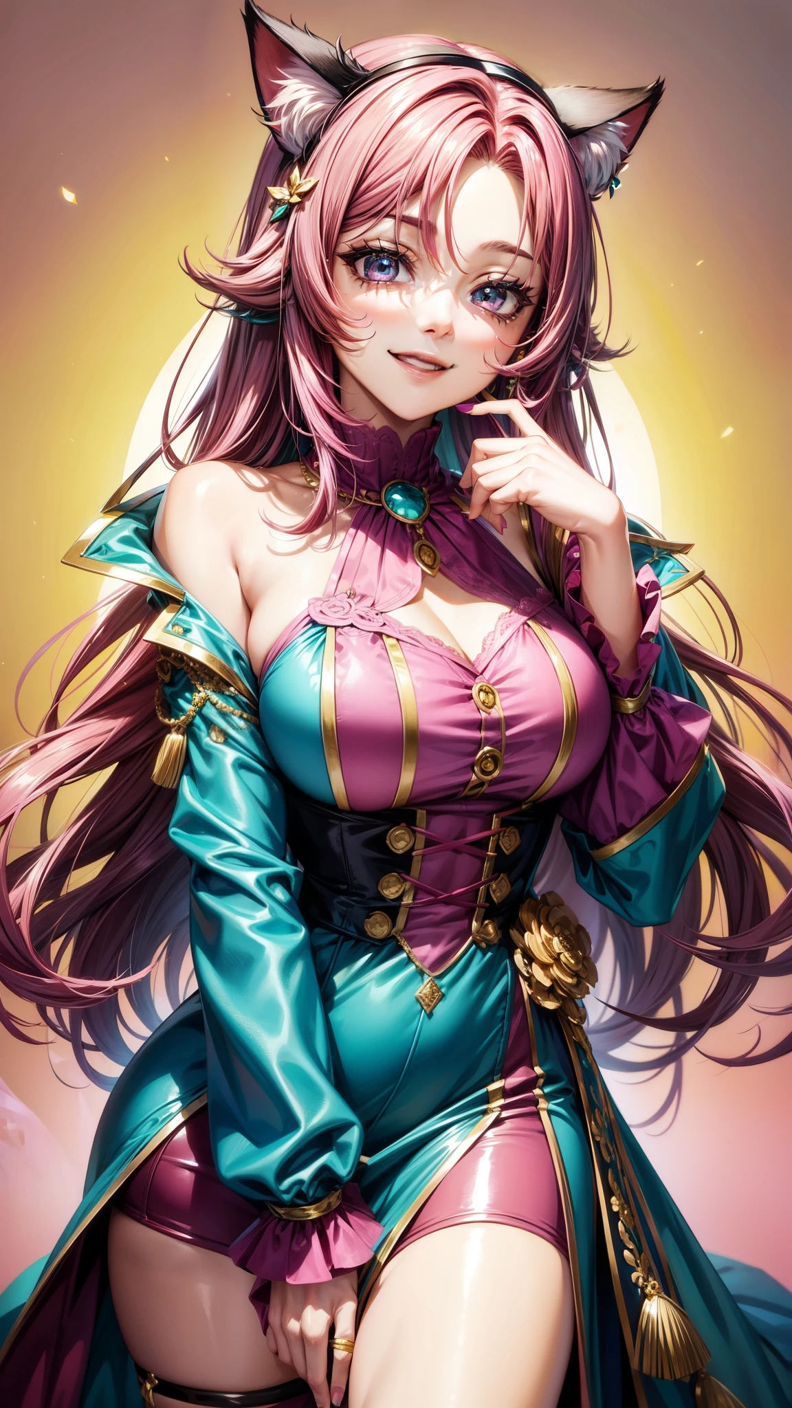 Magenta pink hair, brown eyes, older woman, hair ornaments, cat ears, long hair, smiling face, teal and gold outfit, pretty background, sexy, fashion