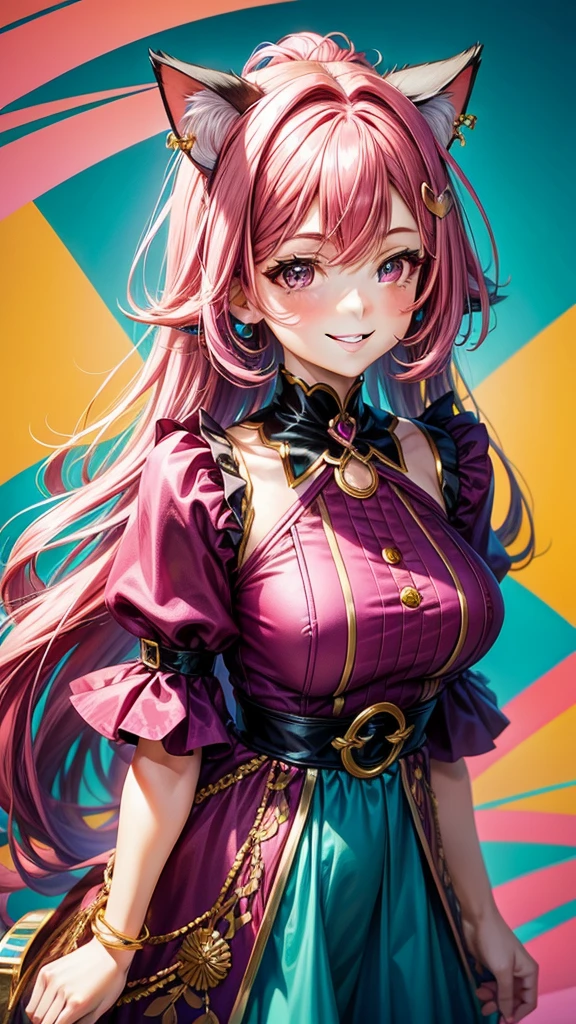 Magenta pink hair, brown eyes, older woman, hair ornaments, cat ears, long hair, smiling face, teal and gold outfit, pretty background, sexy, fashion