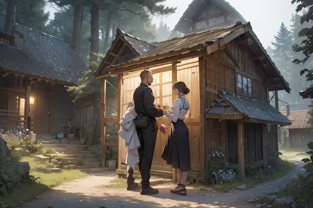 A beautiful couple is plucking flowers in the forest. A wooden house is built nearby. The couple is wearing short clothes. The girl's hips are big. It is night.