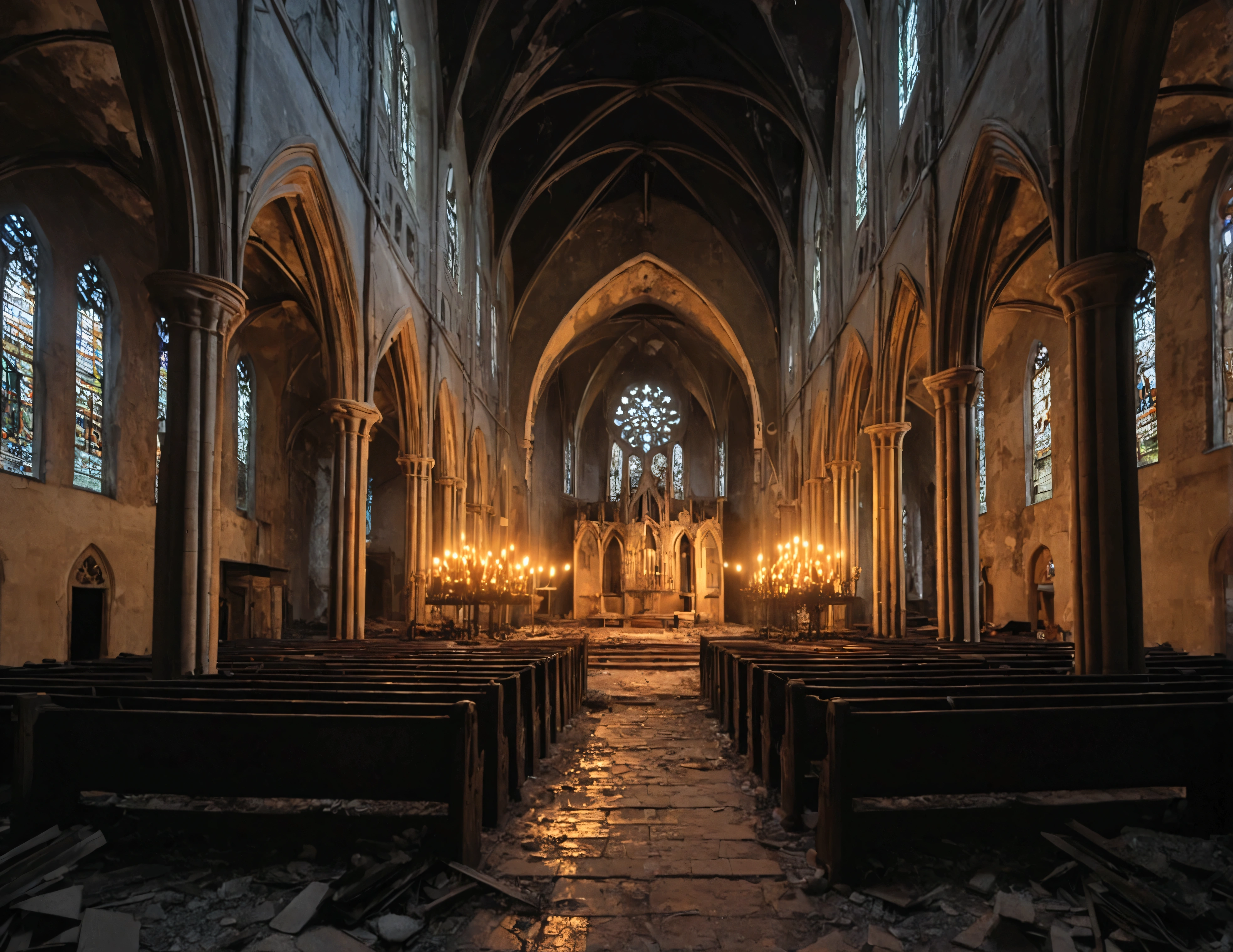 evening, interior large abandoned gothic church, there is no light outside, inside is lit by torches