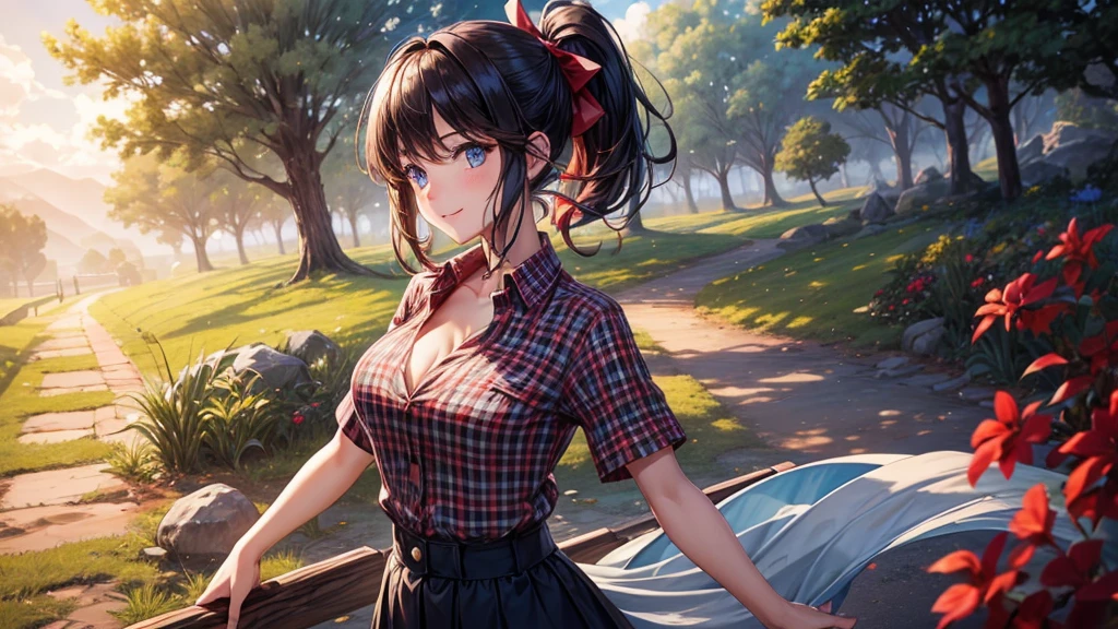 1girl, solo, rural landscape, village, trees, sun, clouds, fantasy, black hair, ponytail, large breasts, button down shirt, ((red checked shirt)), ((short sleeved shirt)), ((unbuttoned shirt)), popping buttons, unbuttoning buttons, cleavage 1:3, blue eyes, dark skirt, smile, shy, looking at the viewer, standing, hair ribbon, golden necklate, elegant white hat