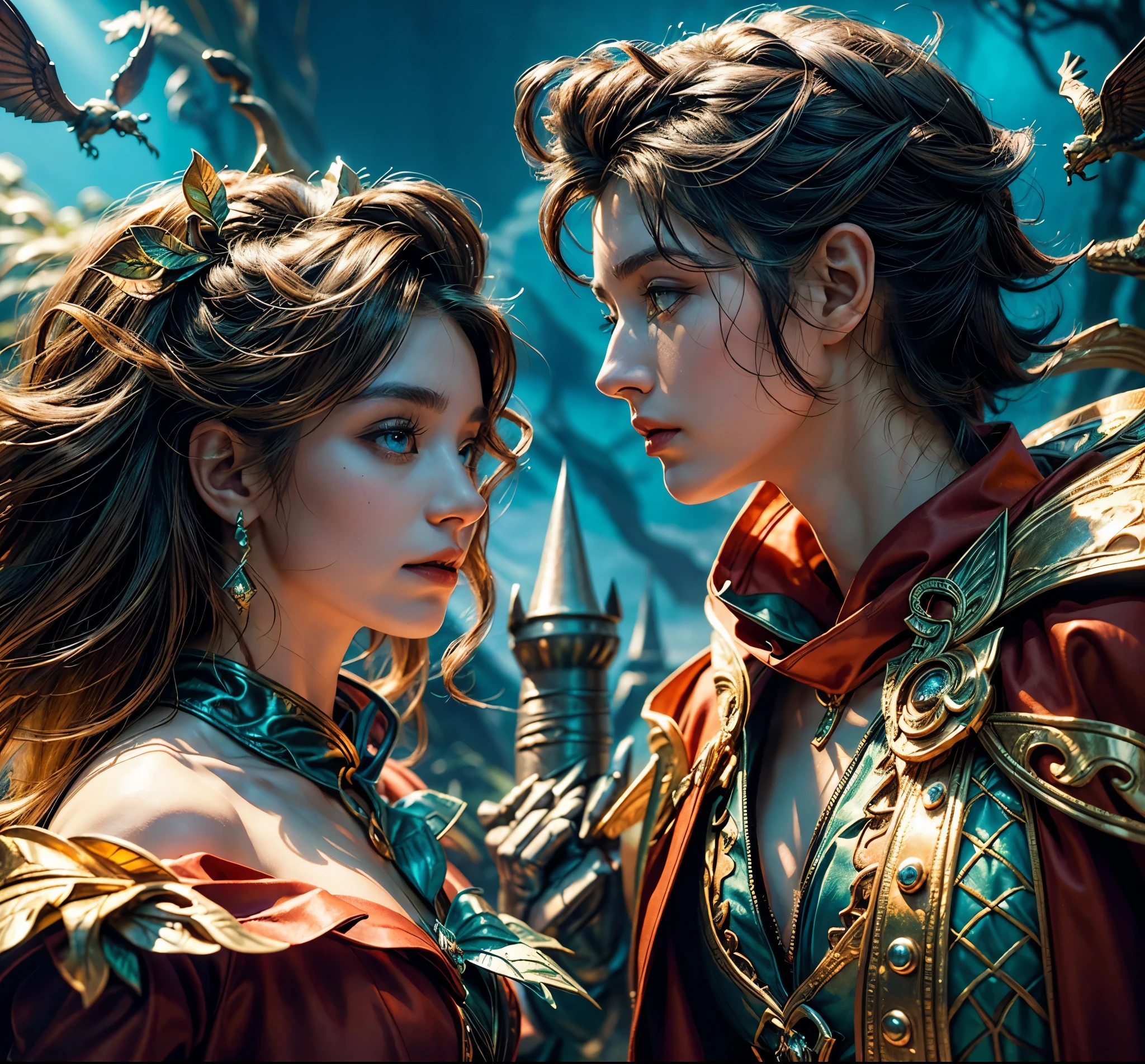 a couple of lovers, a beautiful elf and a handsome prince, fighting against a scary evil wizard, fairy tale fantasy landscape, highly detailed, intricate, cinematic lighting, dramatic composition, vibrant colors, (best quality,4k,8k,highres,masterpiece:1.2),ultra-detailed,(realistic,photorealistic,photo-realistic:1.37),fantasy art,digital painting,dramatic lighting,epic scale,cinematic angle,heroic pose,intense emotions,mystical elements,beautiful scenery,lush vegetation,glowing magic effects,powerful wizard,intricate details,vibrant colors,dramatic shadows,warm lighting