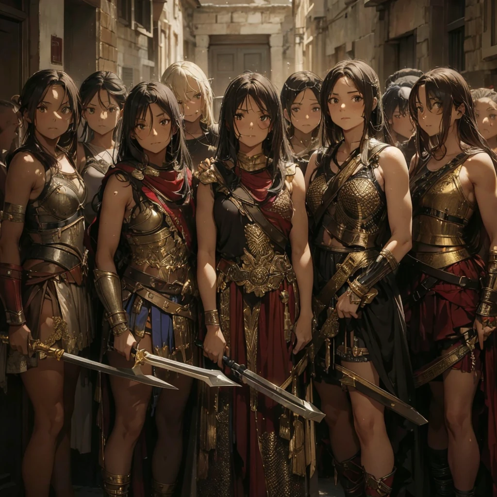 a beautiful Greek warriors girls standing guard at a door, Greek warrior, girls ,tanned skin, tail cover ,brown skin, ancient Greece, classical Greece, black armor ,slim body, defined abdomen , warrior woman, l ight armor, black hair,red hair , blonde hair