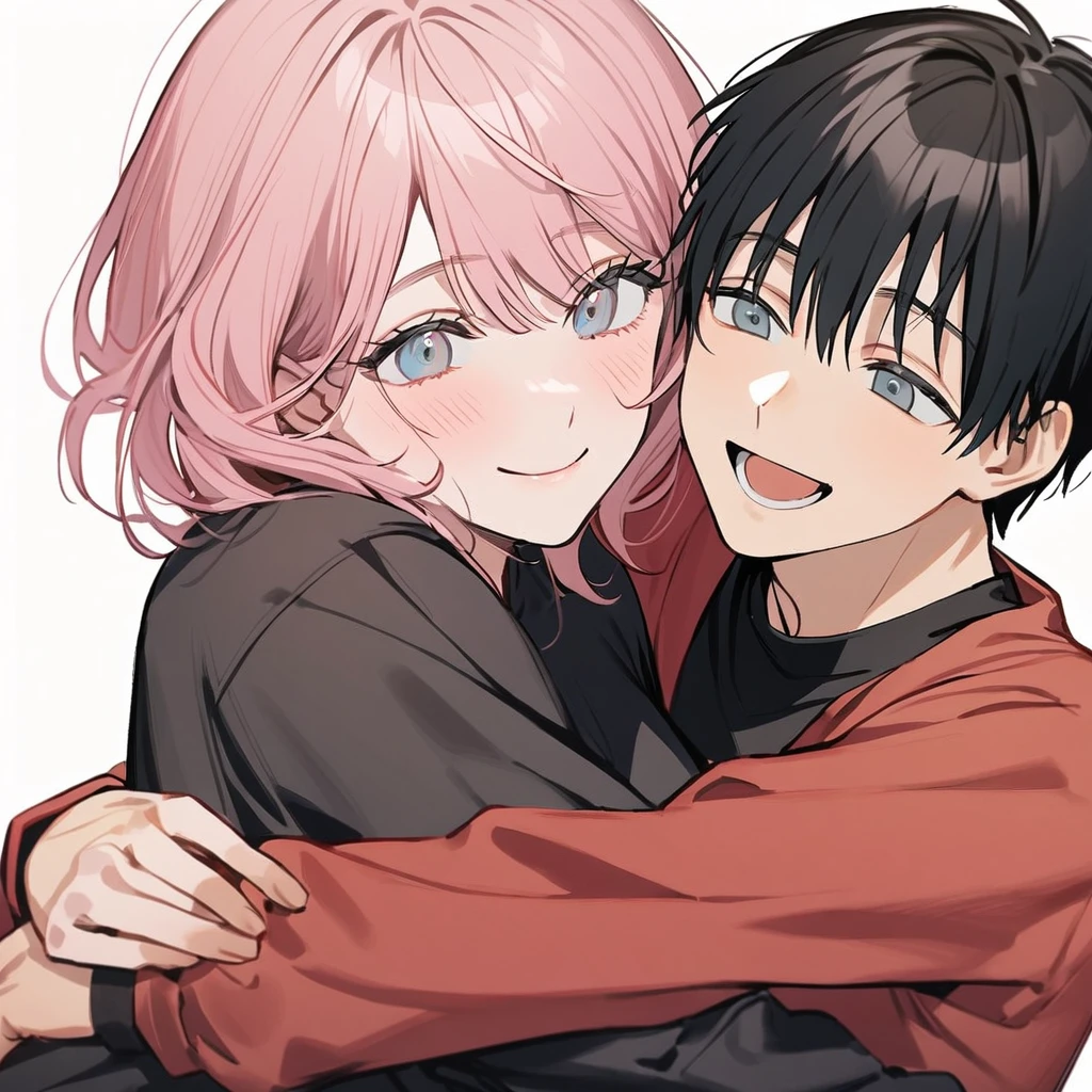 1 older woman with long, light pink hair and blue eyes,black tank top,looking and holding the hand, 1 younger boy with short black hair and gray eyes,(hug), ((Couple)),he with red sweatshirt,smiling,White background, chainsaw man style