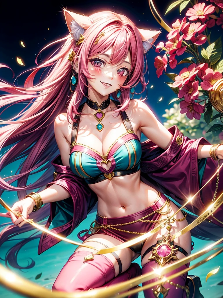 Magenta pink hair, brown eyes, older woman, hair ornaments, cat ears, long hair, smiling face, teal and gold outfit, pretty background, sexy, fashion