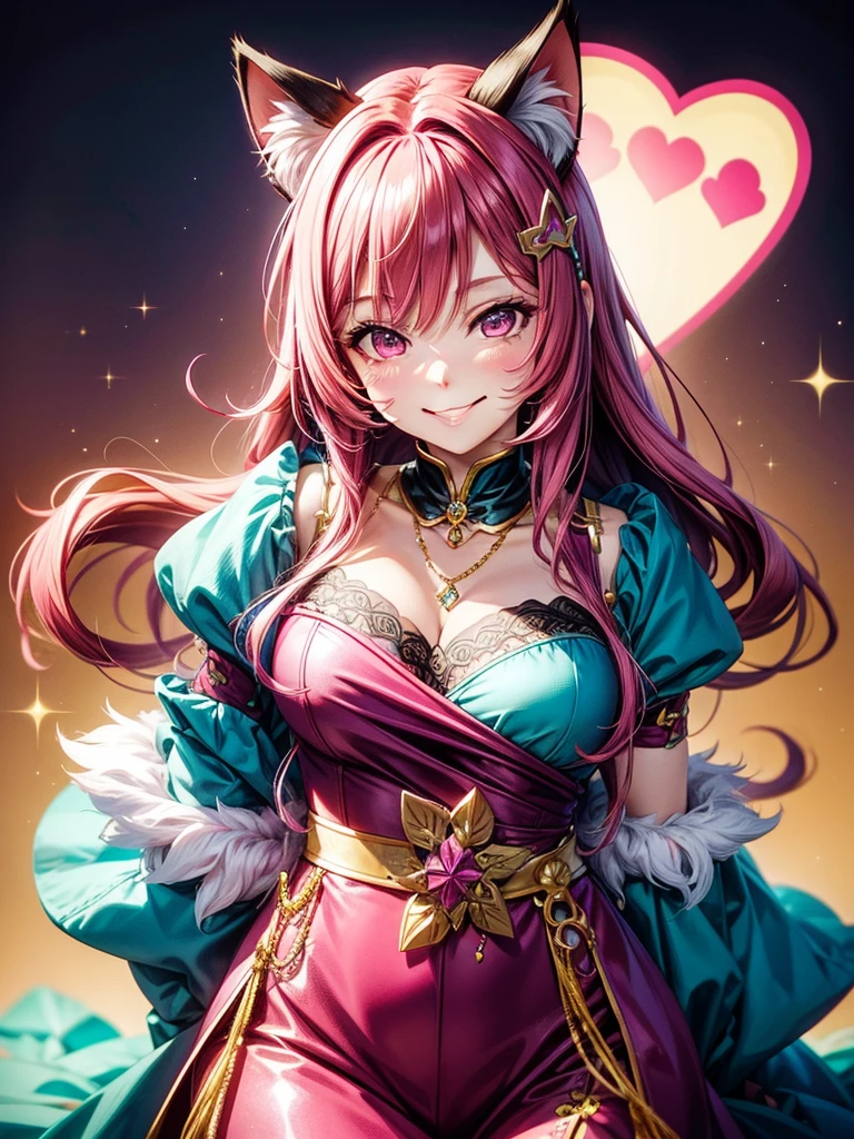 Magenta pink hair, brown eyes, older woman, hair ornaments, cat ears, long hair, smiling face, teal and gold outfit, pretty background, sexy, fashion