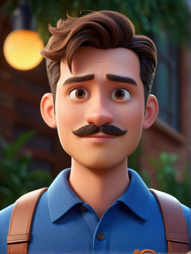 Cartoon character of a man with brown eyes, low military cut style hair, age 25 years old, with mustache and beard on the chin part, blue polo shirt, an animated character, Stylized character, animation style rendering, stylized 3D, Arnold Maya Render, Stylized 3D Render, toon render screenshot, 3D Character, 3D Character, Stylized 3D Render, 3D Character Render, cartoon character, Close up Character, Character Pose, (Pixar Style) (master part:1.2) (Bokeh) (best quality) (detailed skin) (detailed texture) (8K) (clay) (cinematic lighting) (sharp focus，Sits and leaks the upper body