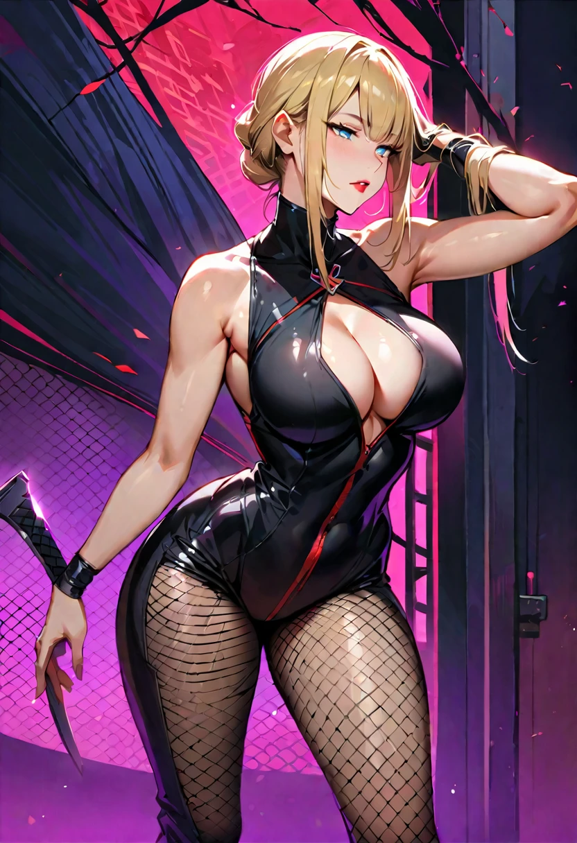 ung beautiful woman,(Highest quality,Extremely detailed depiction,Incredibly absurd high resolution,Anatomically accurate depiction,Curvy Legs),(Glowing Skin,Shiny skin),,(blonde,Pin one side of your hair back,Side Blade,Large Breasts,Black bodysuit,Ninja costume,Fishnet arms,Cowboy Shot,Model pose,),(Blue Eyes,Detailed pupil,Half-closed eyes:1.3,Shadowed face,lipstick,There is cleavage in the chest,Cool look),eyelash,Standing posture