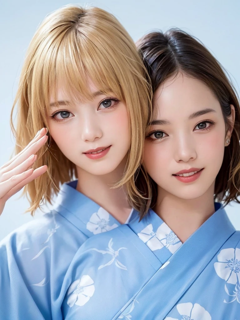 (Highest quality、8k、32K、masterpiece)、(RAW Photos)、(Realisticな)、(High resolution)、Very detailedな、Very beautiful face and eyes、One Girl、Round and small face、Delicate body、(close、Highest quality、Rich skin detail、Highest quality、8k)、Very detailed、(Realistic、Realistic:1.37)、Vibrant colors、(((Laughter)))、(((Blonde)))、(((Waving hands)))、(((smile)))、(((Cowboy Shot)))、(((Upper Body)))、(((White Background)))、((Medium Hair))、(((Pure white wall background)))、(((blonde)))、(((She is wearing a yukata with a pop design..)))、(((Brown and light blue yukata)))、(((Pure white wall background)))、